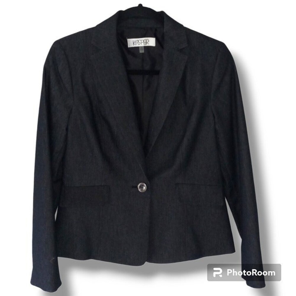 Kasper One Button Chambray Blazer-Size 6-Cotton Blend-Notched Collar-Career